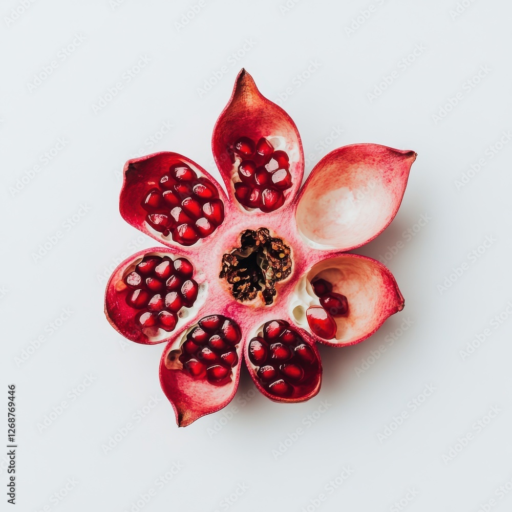 Poster fresh pomegranate cut open to showcase bright red seeds in an attractive floral arrangement on a neu
