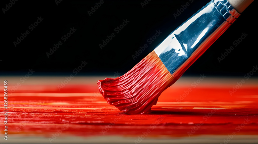 Poster a close-up of a paintbrush applying vibrant red paint on a canvas for artistic expression.