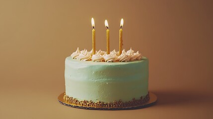 A pastel mint green cake with golden accents, three candles at the center, placed on a muted brown solid background.