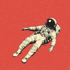 Cartoon style astronaut floats weightlessly in a red starry sky