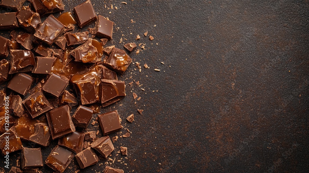 Poster a close-up of broken chocolate pieces with caramel oozing out, arranged on a smooth surface with roo