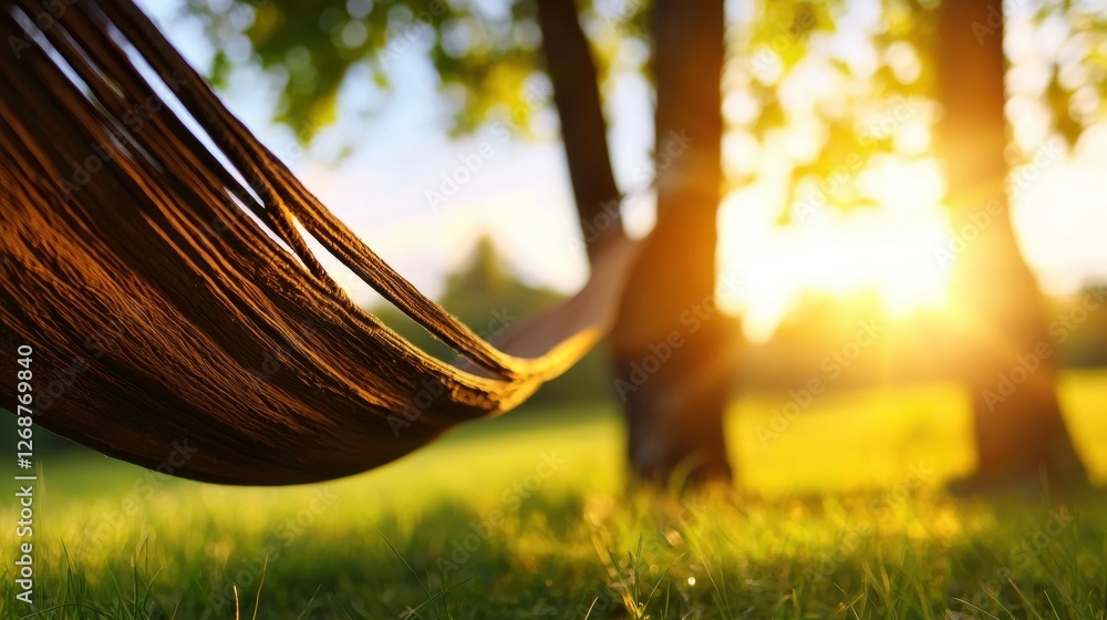 Poster a hammock in a field with trees and a setting sun.