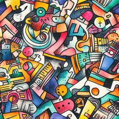 Dynamic doodle cartoon drawings in vibrant watercolor showcasing playful shapes and colors in a lively abstract arrangement