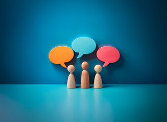 Three wooden figures stand beneath vibrant speech bubbles against a blue backdrop, symbolizing communication, ideas, and collaborative discussions.