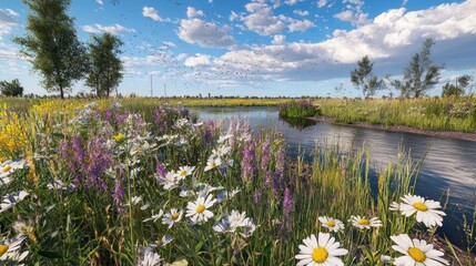 Spring wildflowers by river, birds overhead, sunny day.  Possible use nature wallpaper