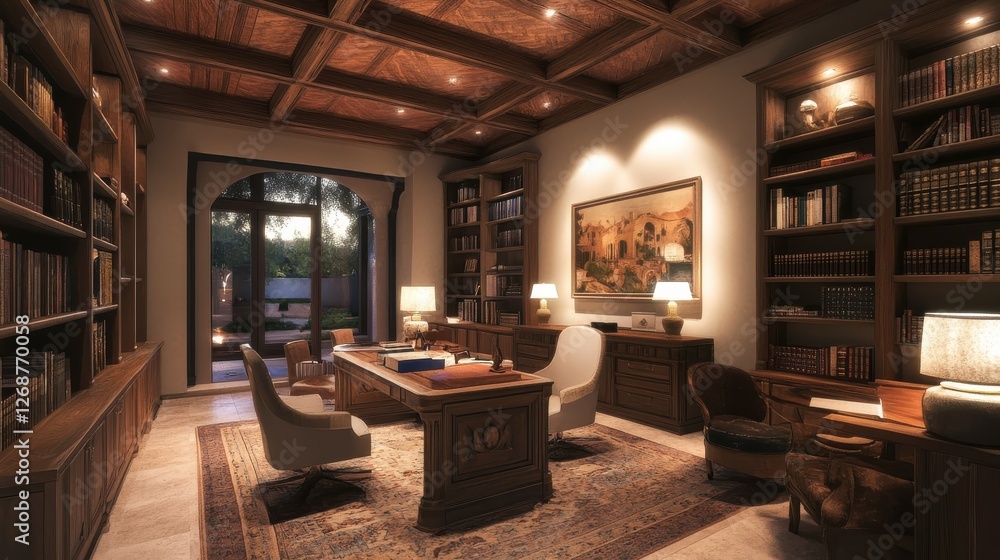 Poster cozy study with textured stucco ceiling inviting relaxation and focus in an elegant setting