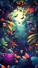 Colorful birds and butterflies thrive within a vibrant tropical rainforest