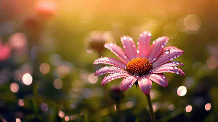 Elegant Pink Daisy Flower in Sunlight with Dew on Grass and Soft Backgrounds