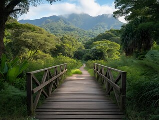Explore the tranquil wooden bridge leading into a lush green landscape with majestic mountains in the background on a sunny day. Generative AI