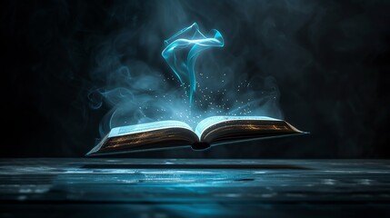 The book of spells is open and magical smoke is rising from its pages. The book is bound in dark leather and has a glowing blue light on its cover.