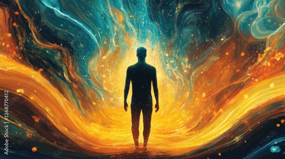 Poster conceptual representation of a glowing man emerging from vibrant colors in an abstract space setting