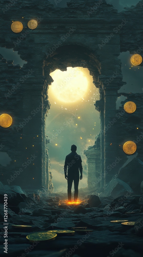 Poster man glowing with light stands in ancient ruins surrounded by floating coins at dusk capturing a mome