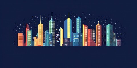 Naklejka premium Colorful cityscape silhouette shines brightly under a starlit night sky