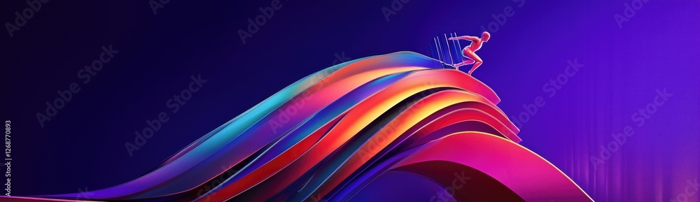 Poster a figure running on a dynamic, multicolored, wavy structure. perfect as a wallpaper with modern and 
