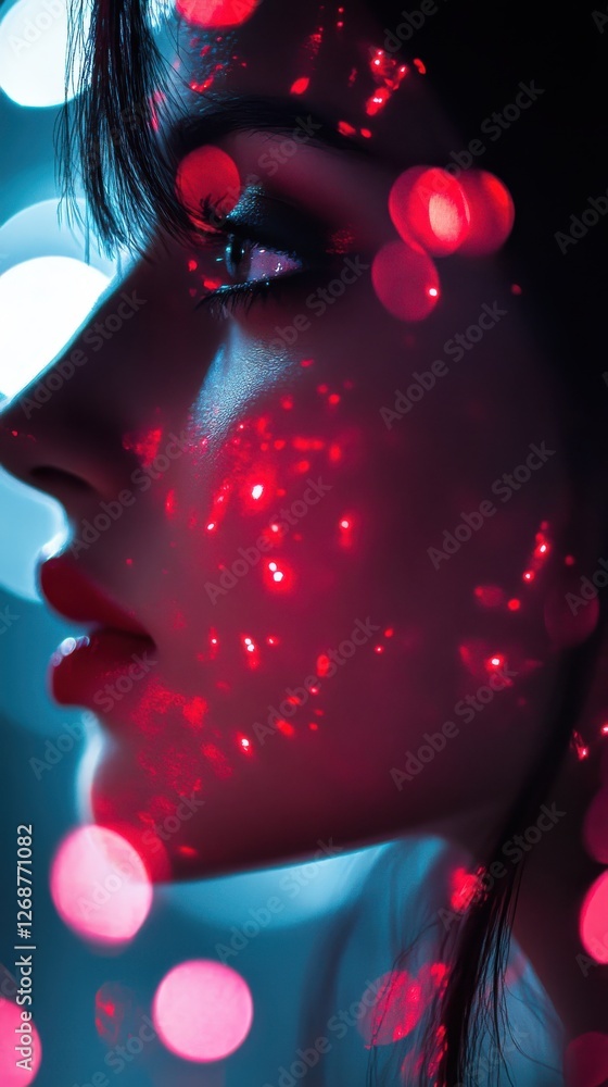Poster Crimson and jet-black bokeh creates a captivating contrast with a woman's profile illuminated by vivid light patterns