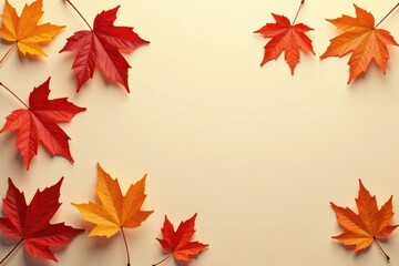 Autumnal foliage arrangement on a pale background, showcasing vibrant red and orange maple leaves, ideal for seasonal designs and fall-themed projects.