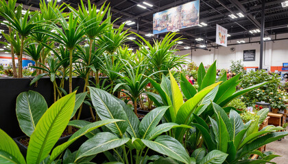 Exotic plant stand display in bright showroom lights, garden aesthetics