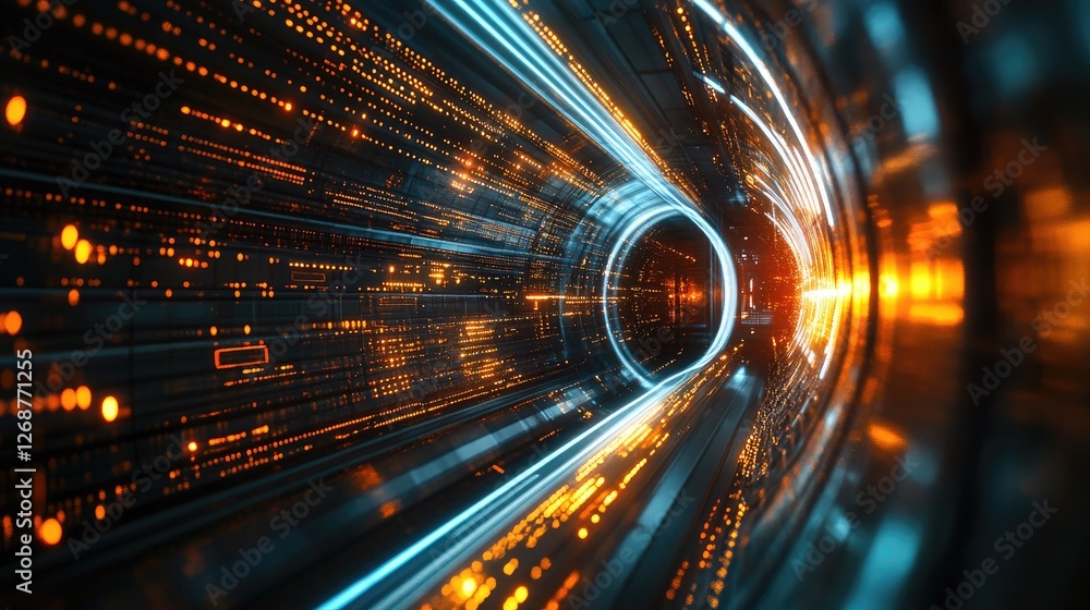 Poster a concept of data flow with dynamic, futuristic light streaks on a dark background.