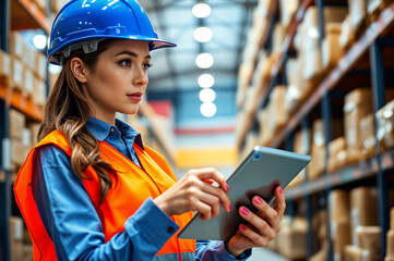 Woman in a warehouse wearing a hard hat uses a tablet.