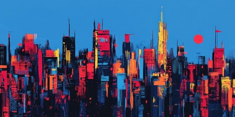 Colorful abstract cityscape with skyscrapers against a bright blue sky