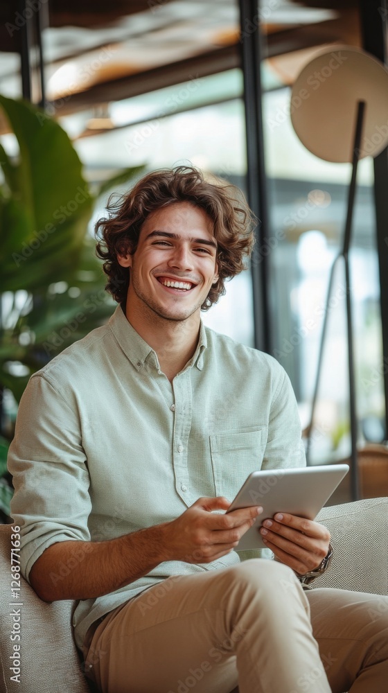 Poster bright atmosphere with a young man enjoying a tablet in a modern space filled with greenery