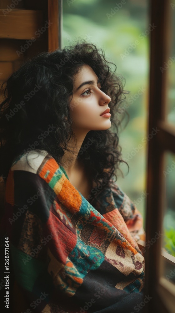 Aufkleber contemplative woman gazing out a window surrounded by greenery in minimalist setting