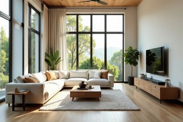 Modern living room design with expansive windows showcasing a serene natural vista and featuring a sectional sofa, wooden coffee table, and entertainment center