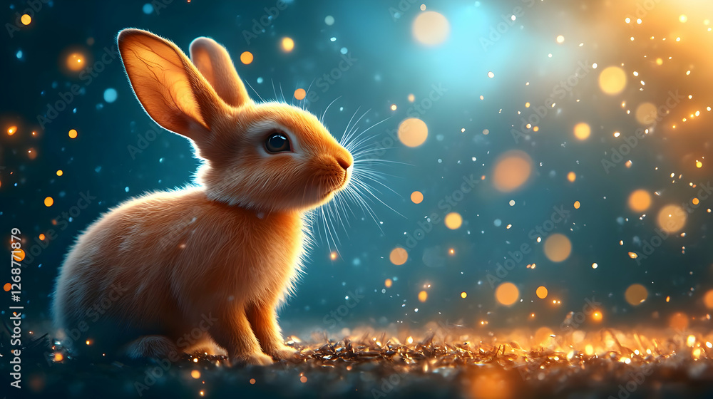 Poster a cute fluffy rabbit in a mystical setting with soft lights and a dreamy atmosphere.