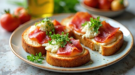 Savory Toasted Bread Rounds Topped with Creamy Cheese and Thin Slices of Seasoned Red Meat, Garnished with Fresh Herbs