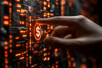 Hand Touching Glowing Dollar Sign On Futuristic Circuit Board
