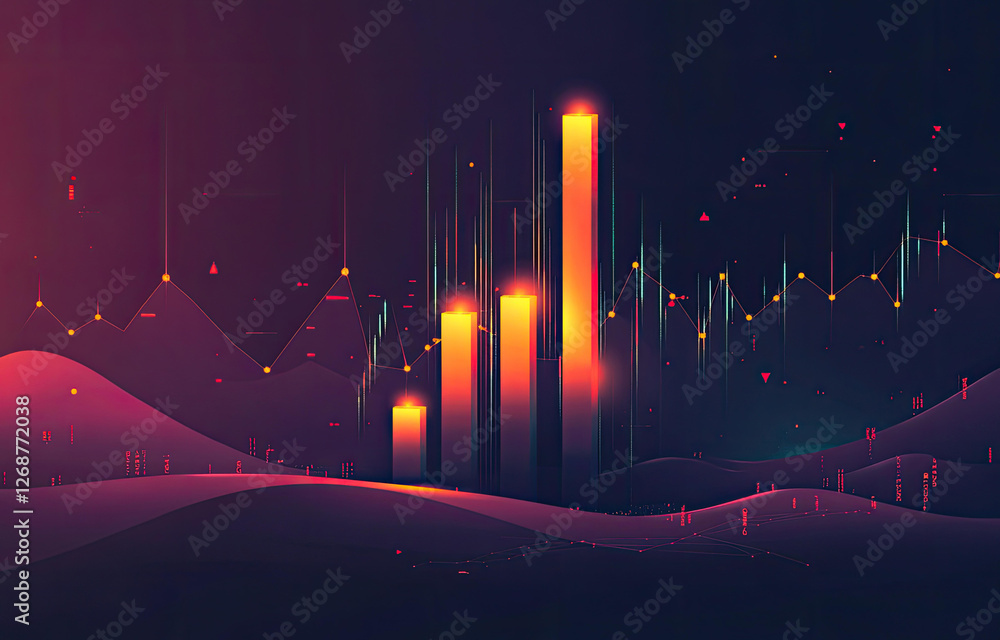 Poster abstract financial growth visualization with illuminated bars and dynamic data lines in a dark lands