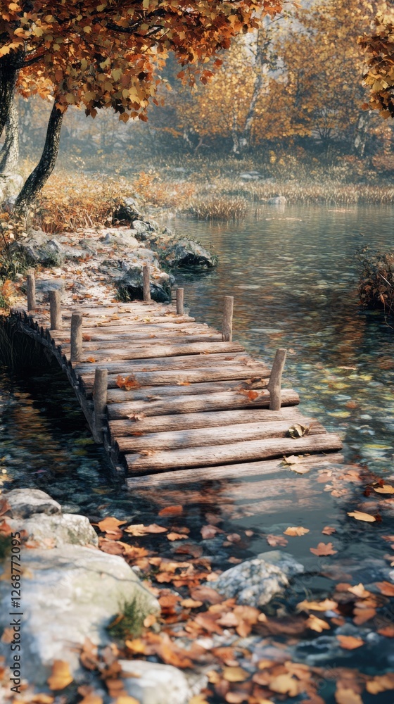 Poster rustic wooden bridge over calm waters surrounded by autumn foliage in a serene natural setting