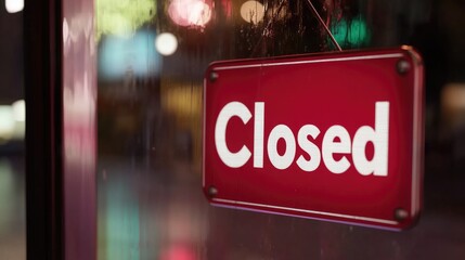 Red "Closed" sign hanging on a glass door with a blurred, wet background.