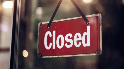 Red "Closed" sign hanging on a glass door with a blurred background, indicating a business is not open.