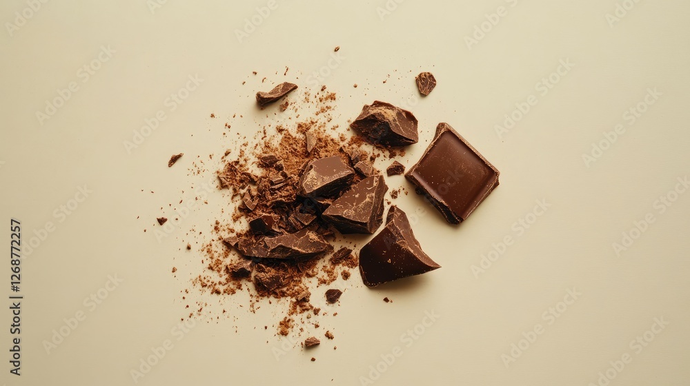 Poster a few pieces of broken chocolate with cocoa nibs placed beside it, creating a luxurious chocolate co