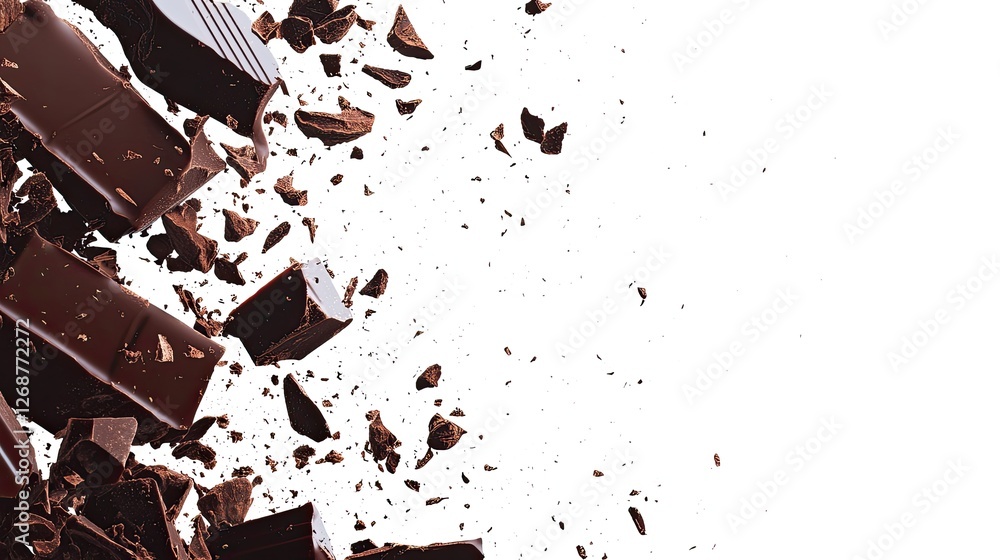Poster a few pieces of broken chocolate with cocoa nibs placed beside it, creating a luxurious chocolate co