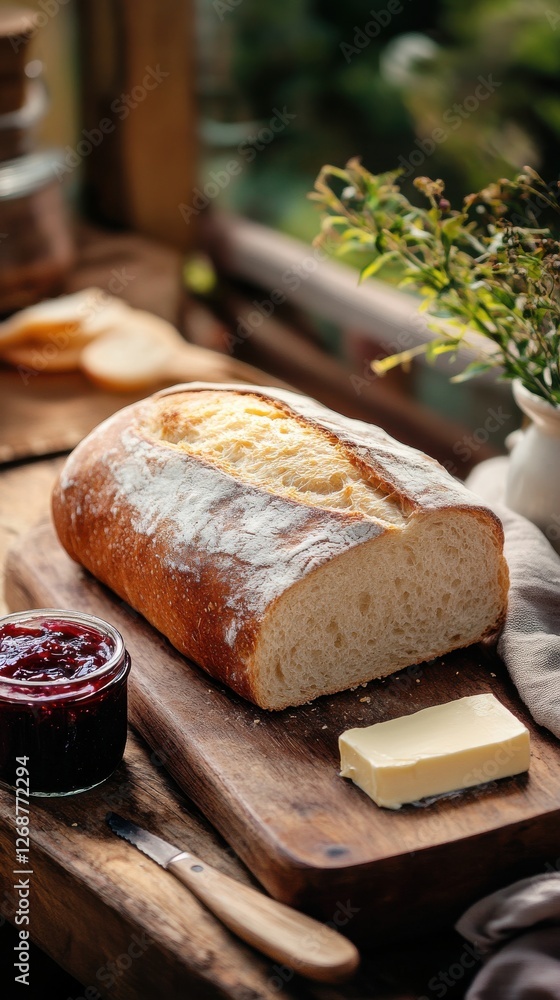 Poster Rustic loaf of bread with butter and jam on a wooden table in a cozy setting