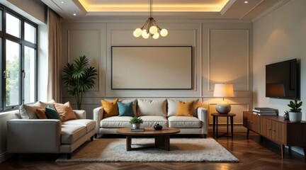Elegant living room interior design showcasing a comfortable sofa, stylish coffee table, and modern wall decor, creating a cozy and sophisticated atmosphere.