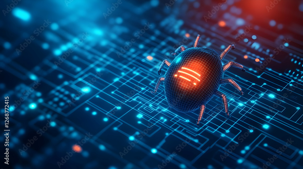 Poster a digital representation of a network with a cybernetic spider on a circuit board.