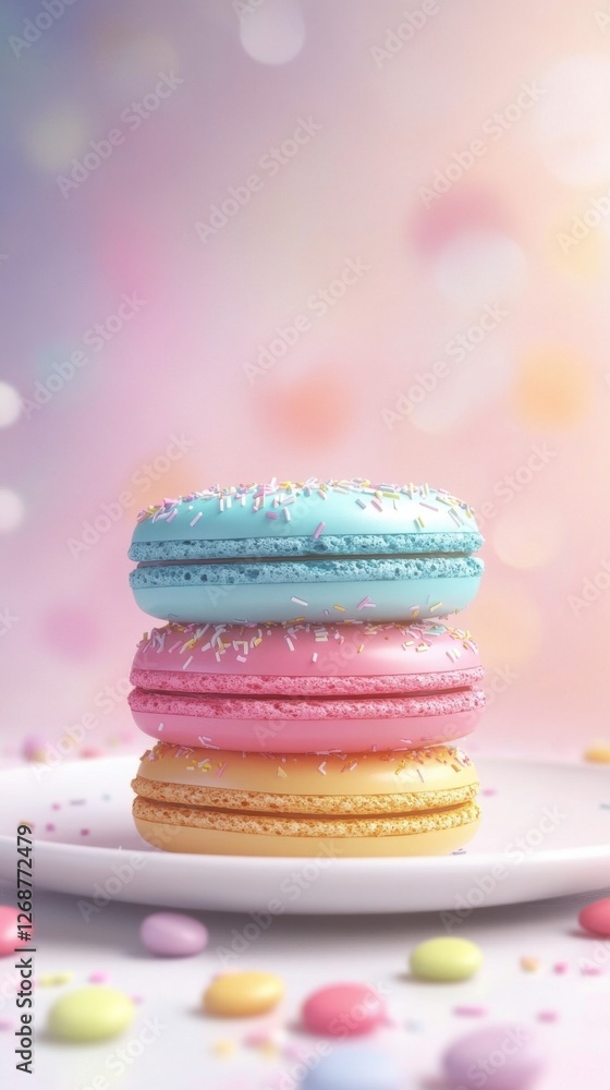 Poster colorful macarons stacked on a plate with a blurred pastel background creating a dreamy atmosphere