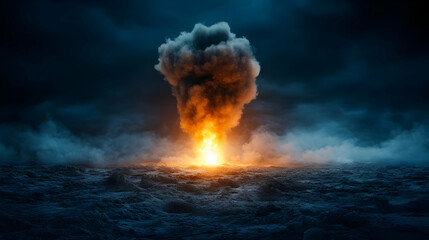 A dramatic explosion illuminates a stormy sea under dark, moody skies.