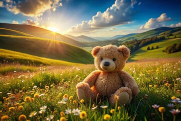 Fototapeta premium Adorable Teddy Bear with Wildflower in Sunny Meadow Landscape