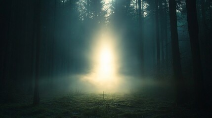 Mystical Forest Glade: Light Breaking Through the Foggy Woodland Scene