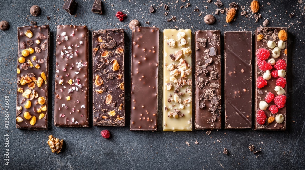 Poster a flat lay of chocolate bars, each broken into pieces and arranged in a row, creating an organized y