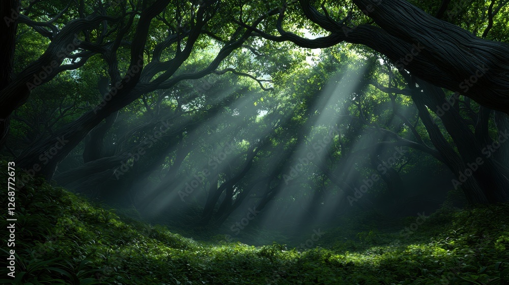Poster a forest of trees with sunlight filtering through the canopy.