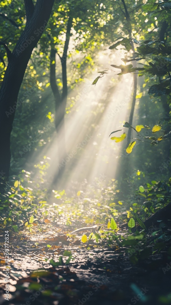 Poster sunlight streams through forest trees illuminating a path below