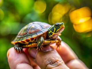 Obraz premium Adorable Tiny Turtle on Finger, Vibrant Yellow and Brown Shell - Stock Photo