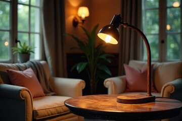 Warm Evening Glow A Rustic Desk Lamp Illuminates a Cozy Living Room Scene
