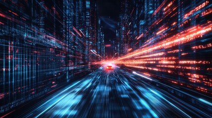 Car speeds through futuristic city scape with glowing lines