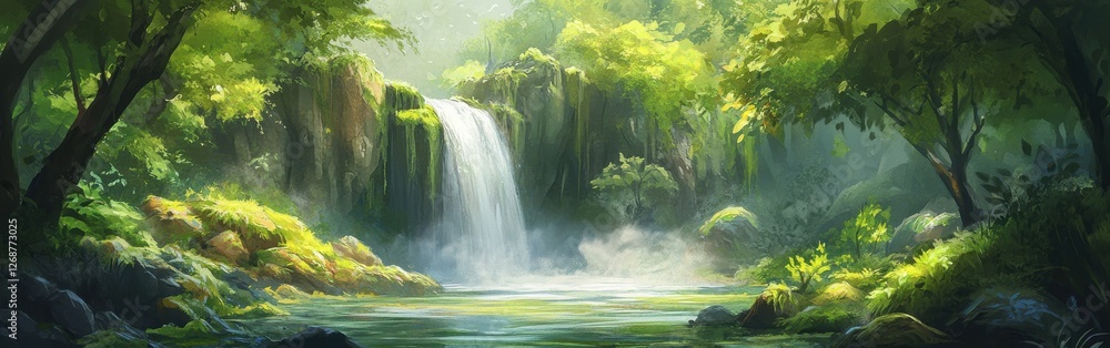 Poster lush green forest with a tranquil waterfall gently cascading into a serene pool surrounded by vibran